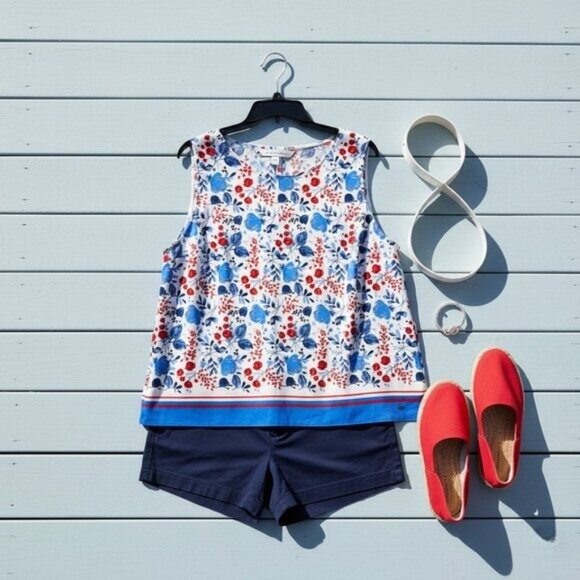 Tommy Hilfiger XL Floral Border Tank Top Sleeveless Red Blue White Preppy - Picture 2 of 7